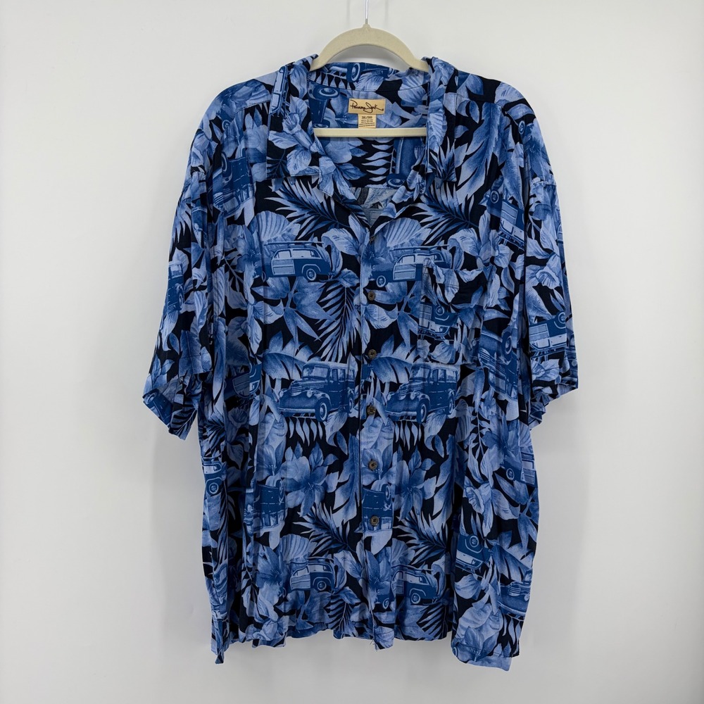Panama Jack Mens 3XL Blue Floral Classic Car Rayon Button Down‎ Tropical Shirt